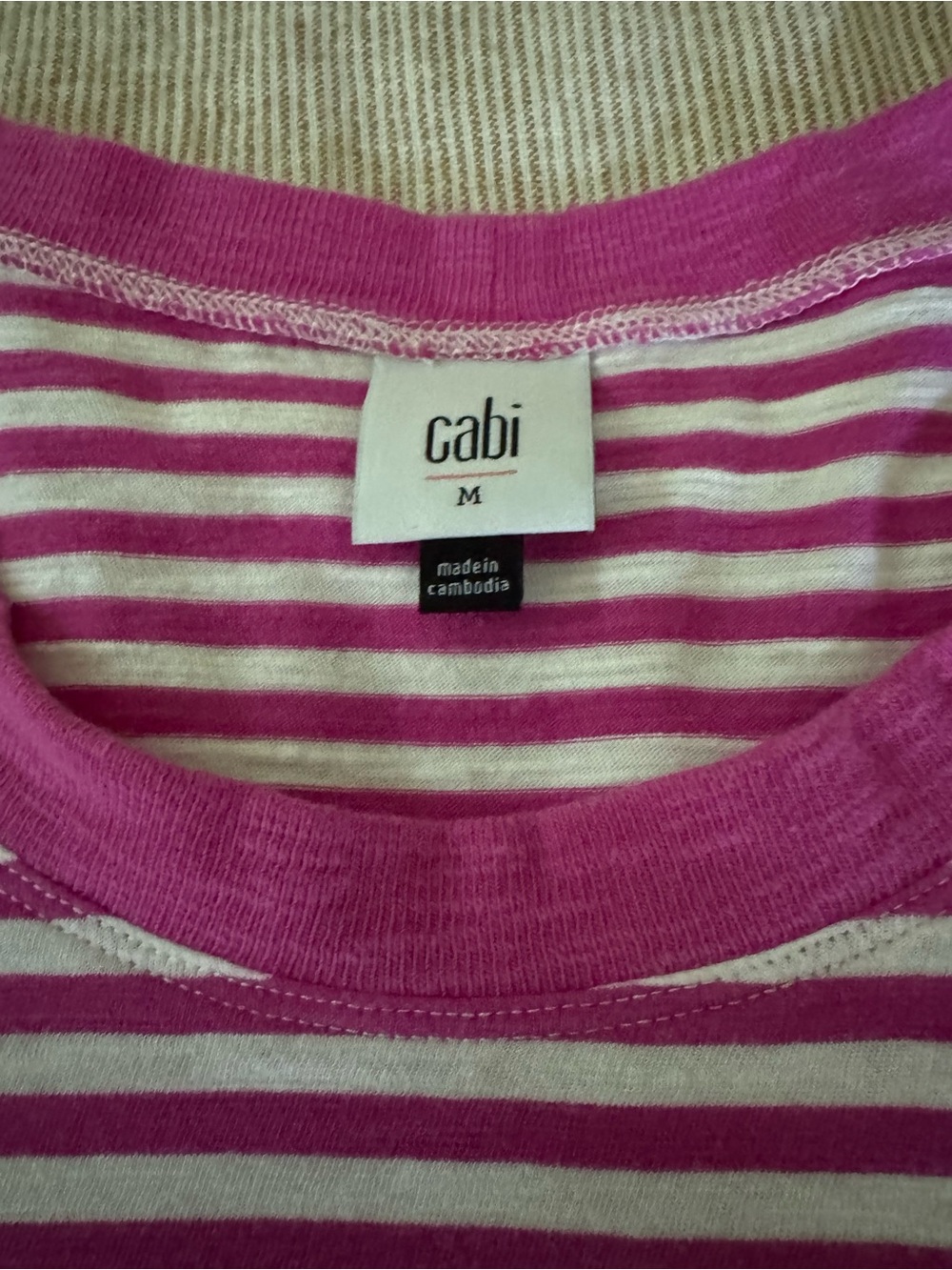 CAbi Pink and White Striped Crewneck Sweater